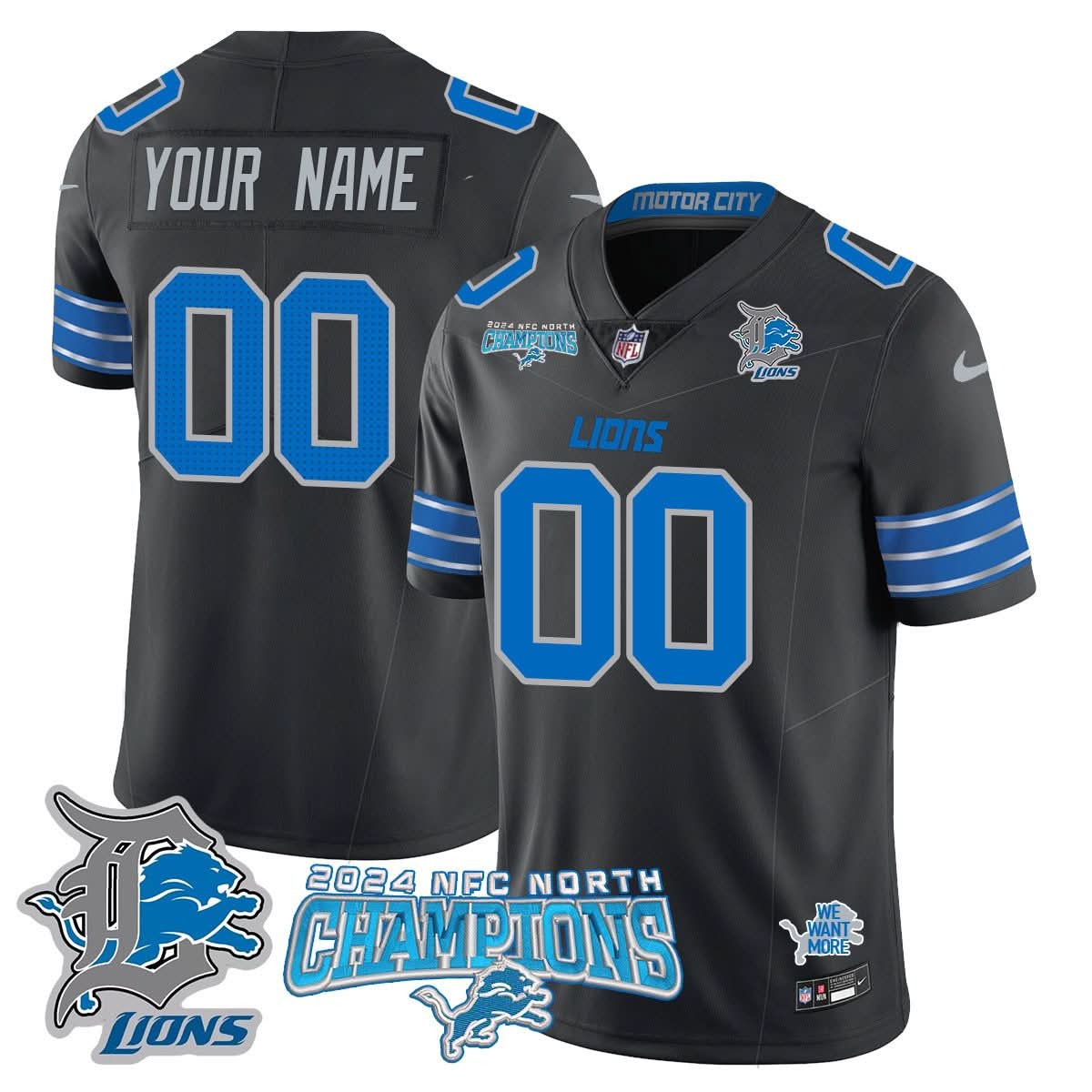 Custom Gender/Name Detroit Lions 2024 NFC North Champions Gold Jersey N1 - All Stitched