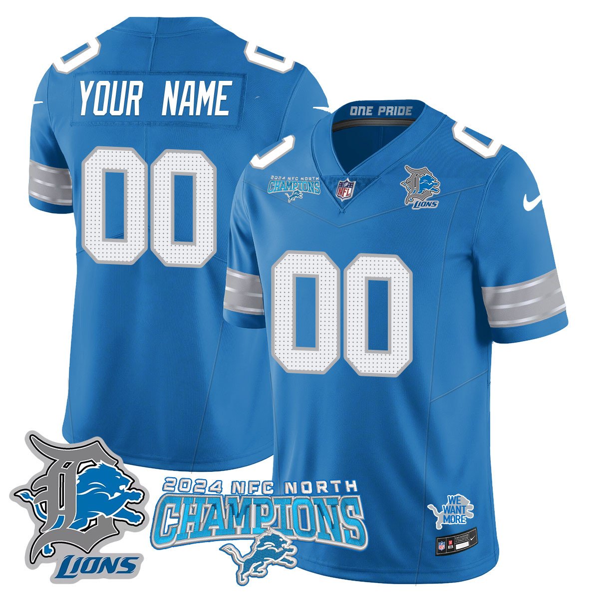 Custom Gender/Name Detroit Lions 2024 NFC North Champions Gold Jersey N1 - All Stitche