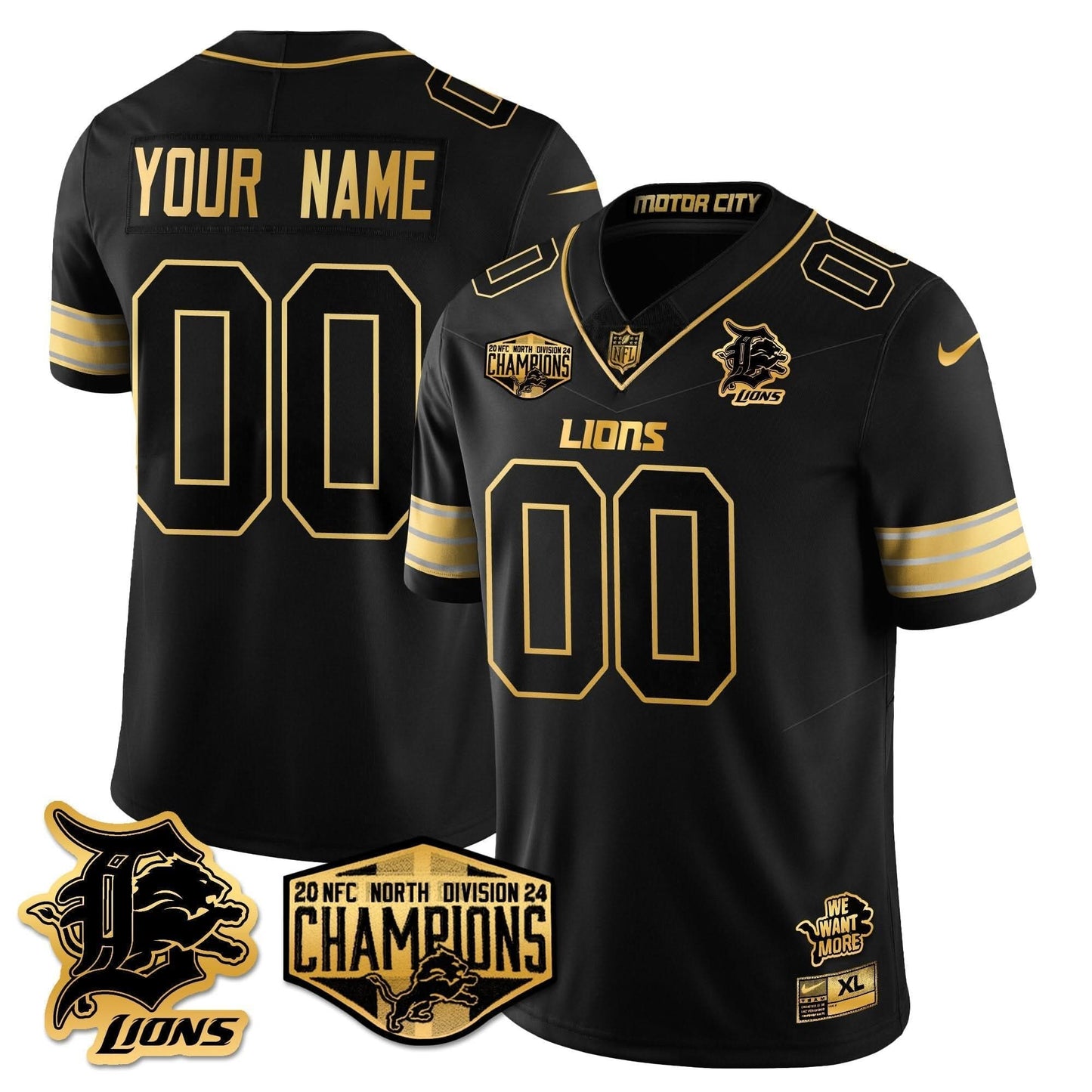 Custom Gender/Name Detroit Lions 2024 NFC North Champions Gold Jersey - All Stitched