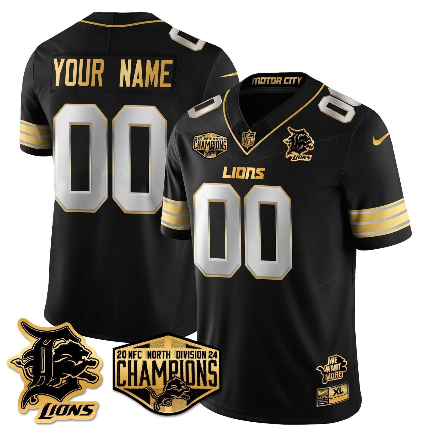 Custom Gender/Name Detroit Lions 2024 NFC North Champions Gold Jersey - All Stitched