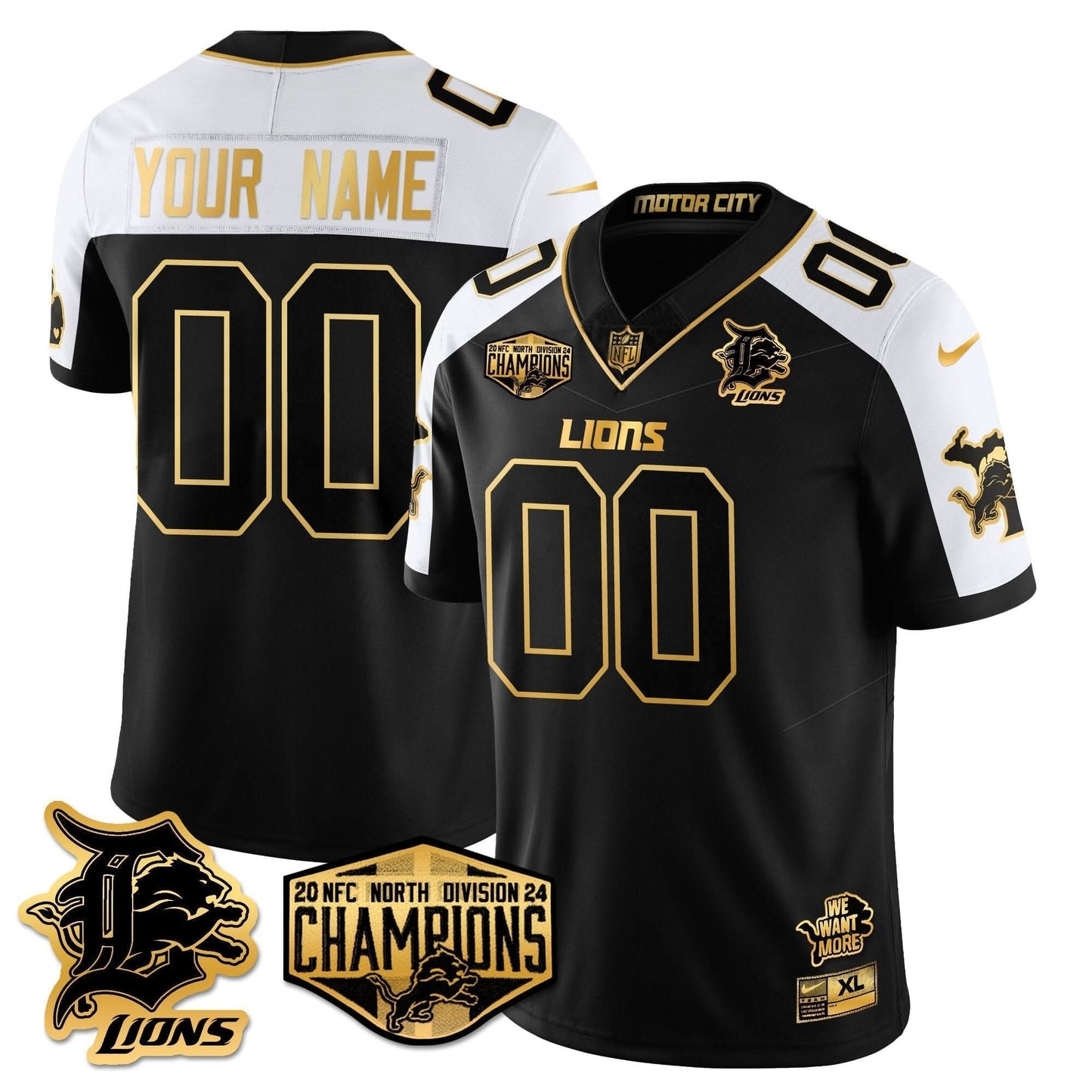Custom Gender/Name Detroit Lions 2024 NFC North Champions Gold Jersey - All Stitched