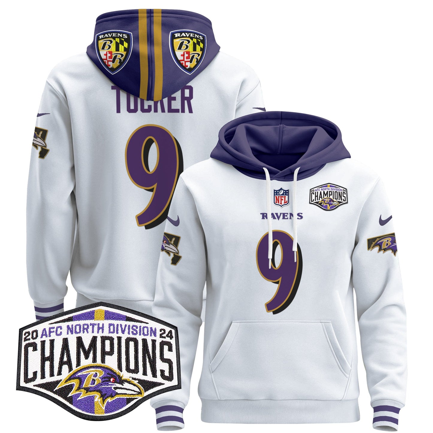 Baltimore Ravens 2024 AFC North Division Champions Patch Pullover Hoodie V2 - All Stitched