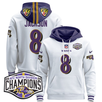 Baltimore Ravens 2024 AFC North Division Champions Patch Pullover Hoodie V2 - All Stitched