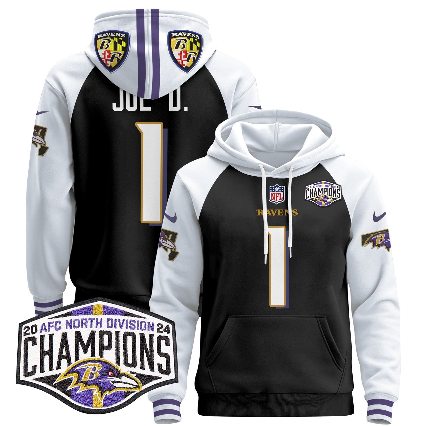 Baltimore Ravens 2024 AFC North Division Champions Patch Pullover Hoodie V2 - All Stitched