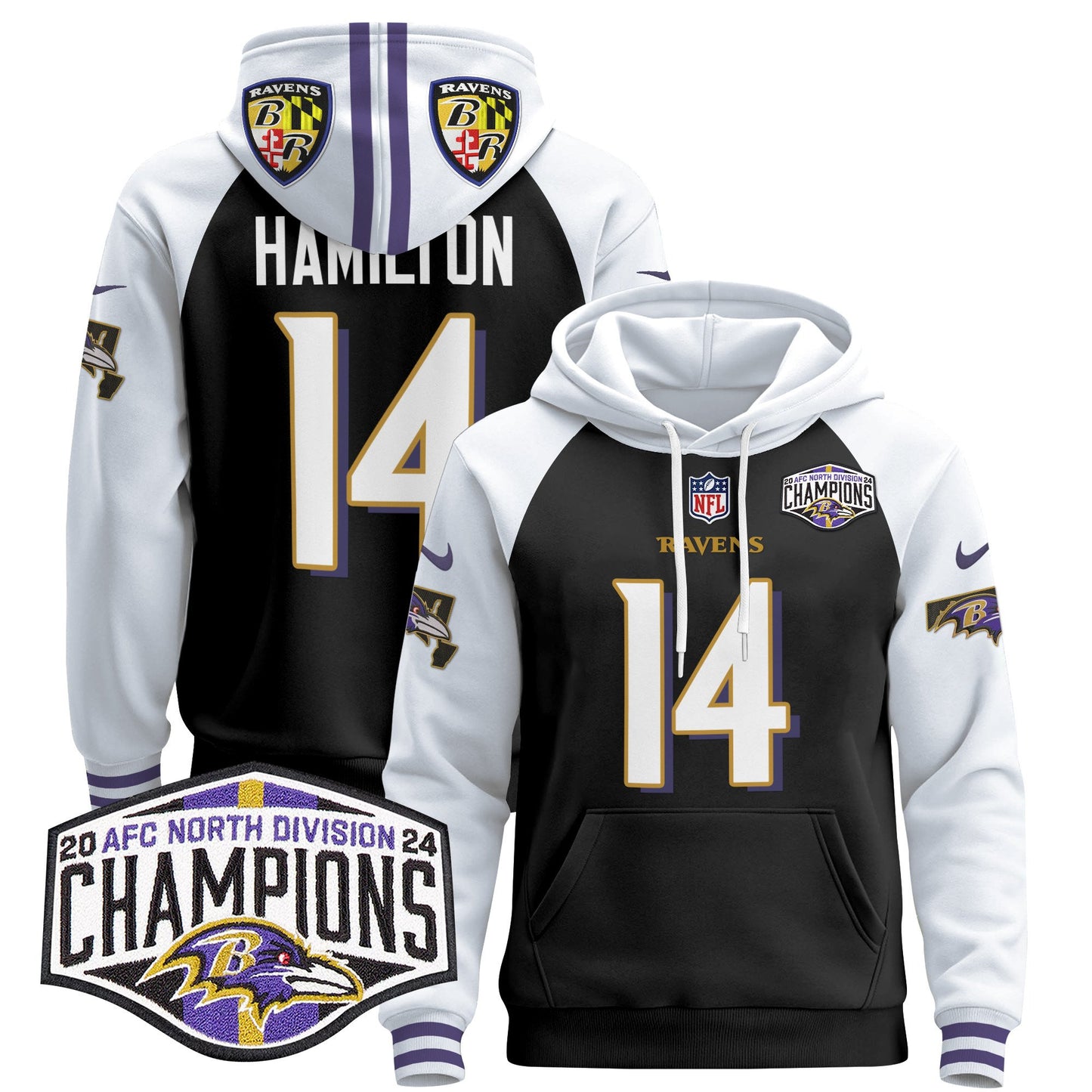 Baltimore Ravens 2024 AFC North Division Champions Patch Pullover Hoodie V2 - All Stitched