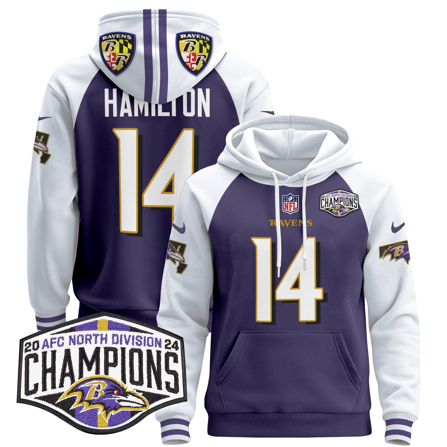 Baltimore Ravens 2024 AFC North Division Champions Patch Pullover Hoodie V2 - All Stitched