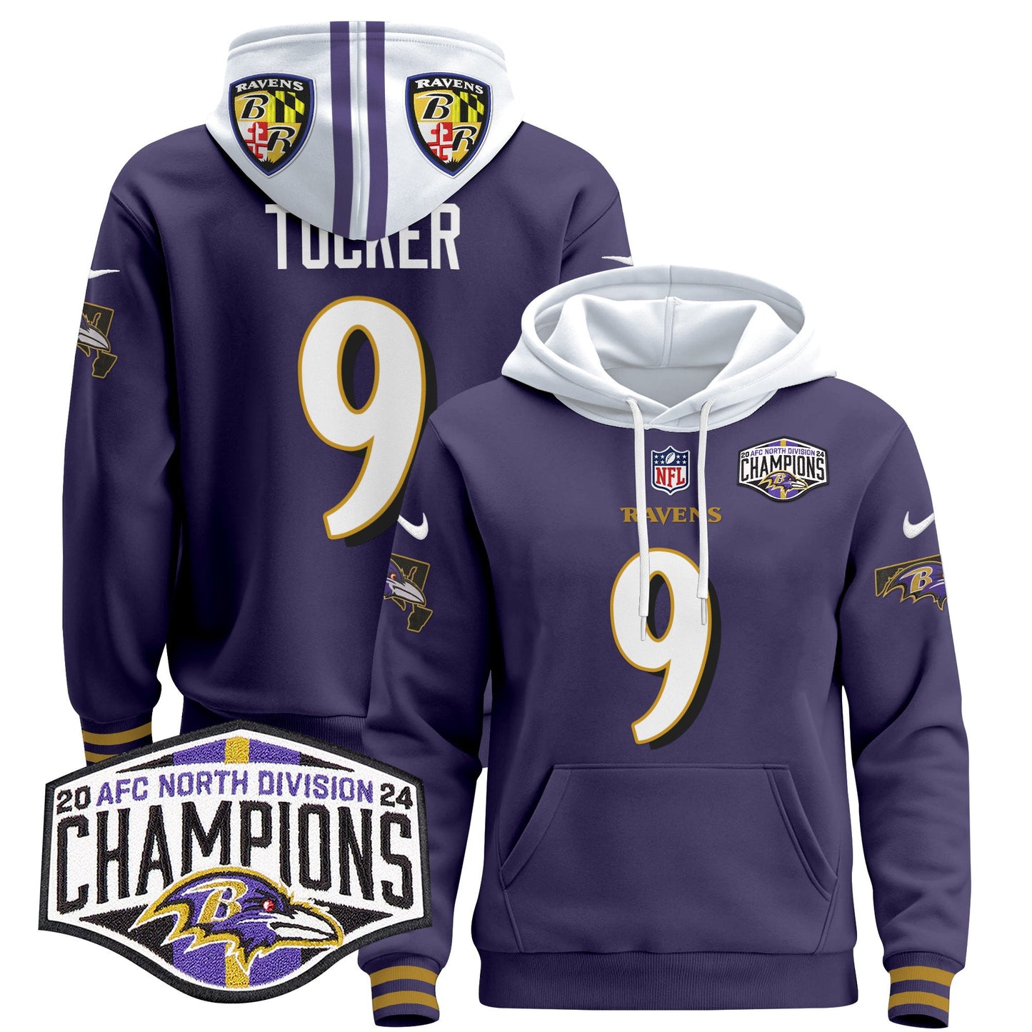 Baltimore Ravens 2024 AFC North Division Champions Patch Pullover Hoodie V2 - All Stitched