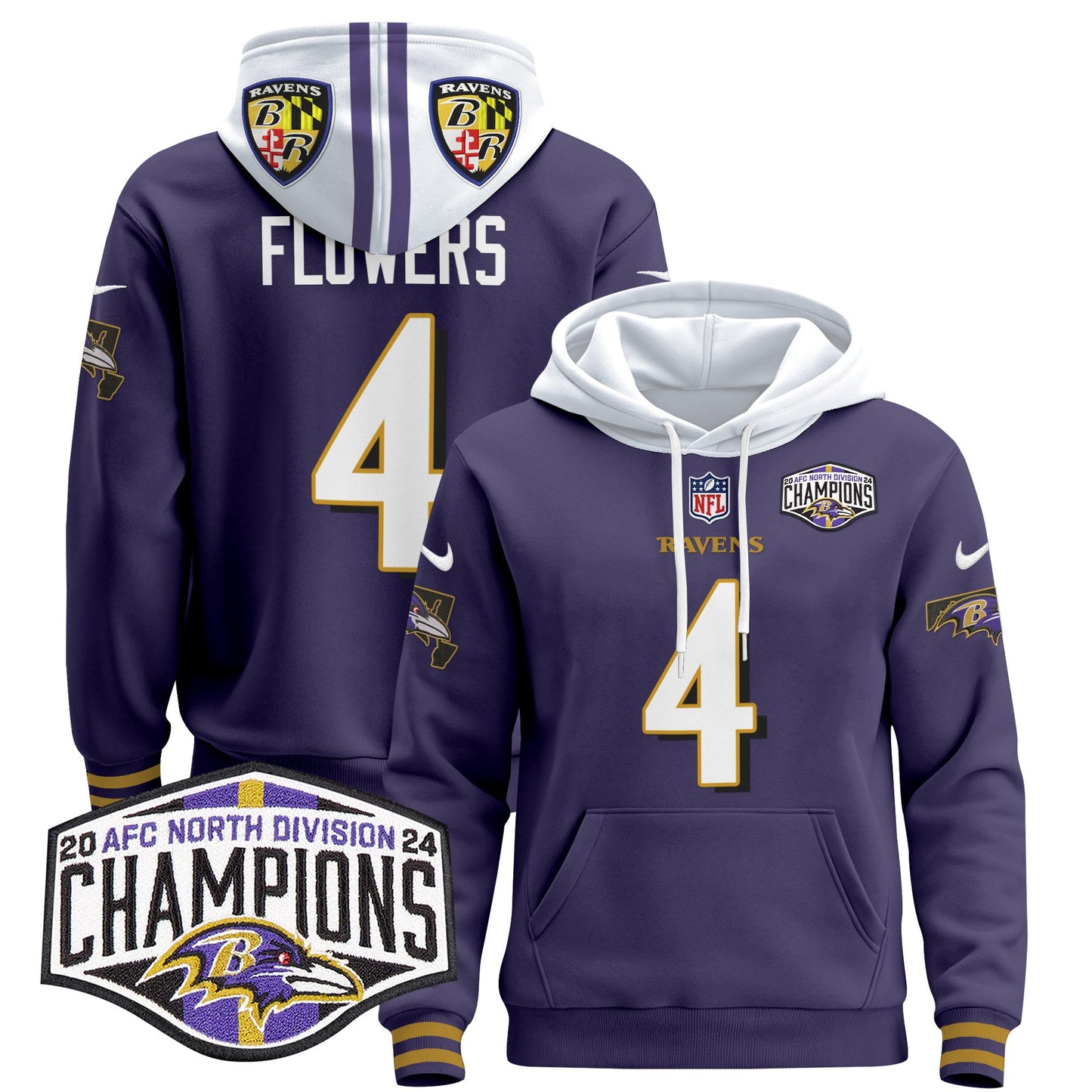 Baltimore Ravens 2024 AFC North Division Champions Patch Pullover Hoodie V2 - All Stitched