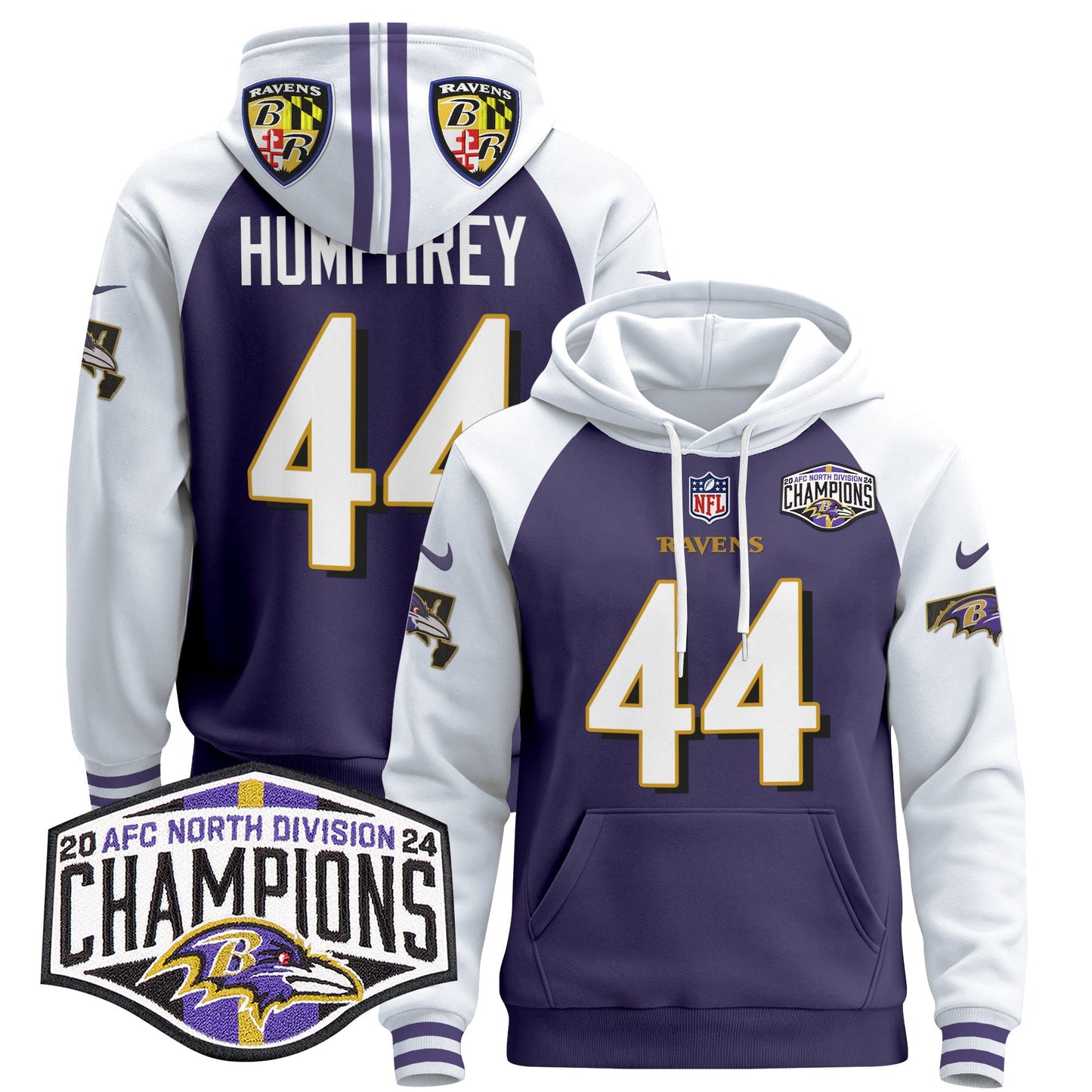 Baltimore Ravens 2024 AFC North Division Champions Patch Pullover Hoodie V2 - All Stitched