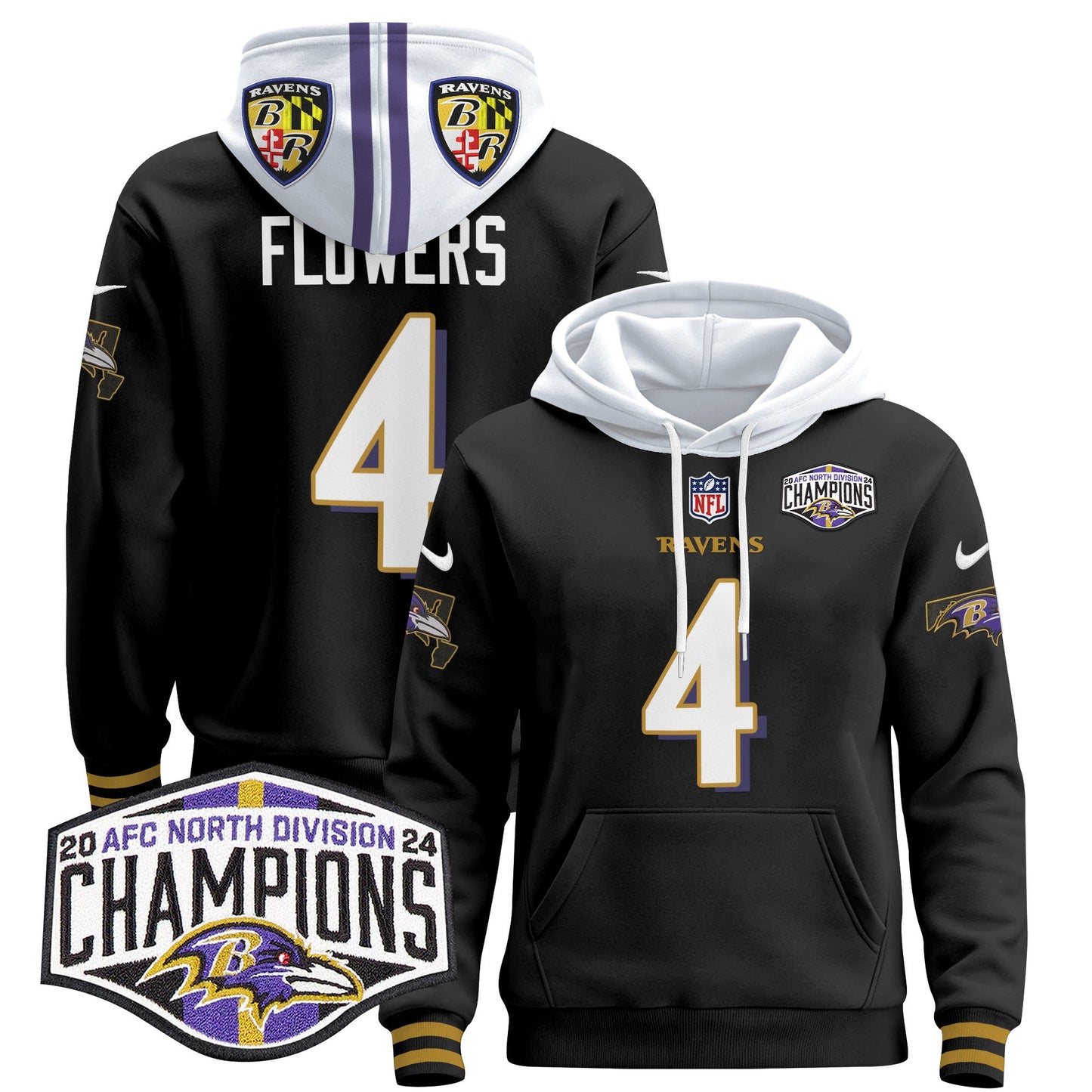 Baltimore Ravens 2024 AFC North Division Champions Patch Pullover Hoodie V2 - All Stitched