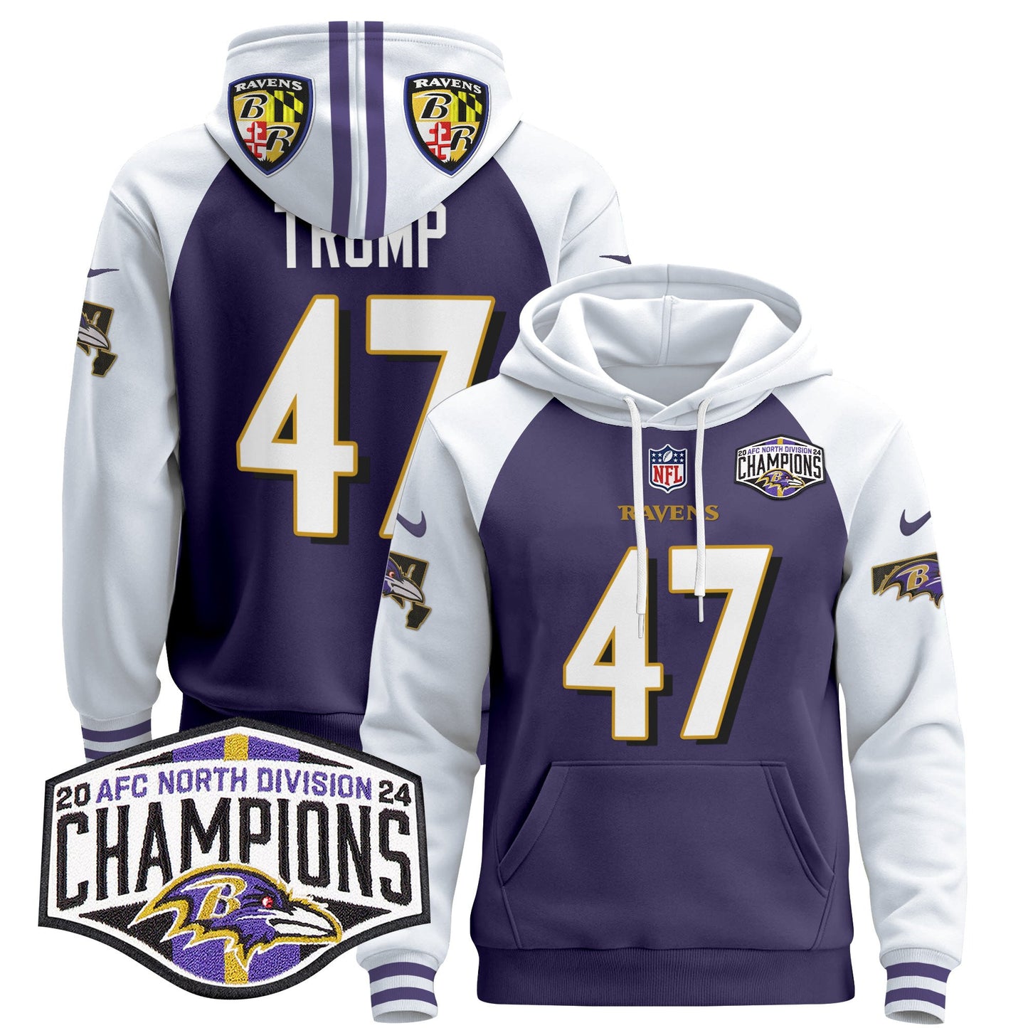 Baltimore Ravens 2024 AFC North Division Champions Patch Pullover Hoodie V2 - All Stitched