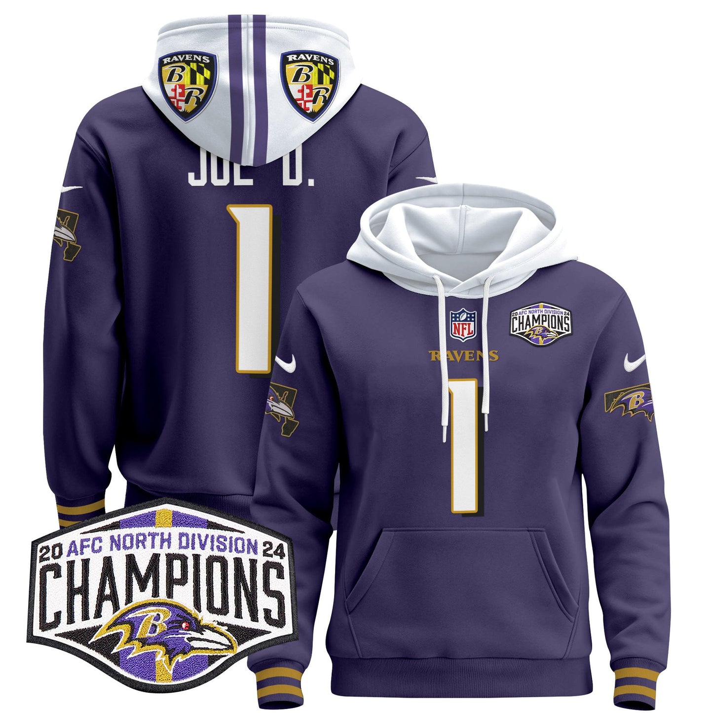 Baltimore Ravens 2024 AFC North Division Champions Patch Pullover Hoodie V2 - All Stitched