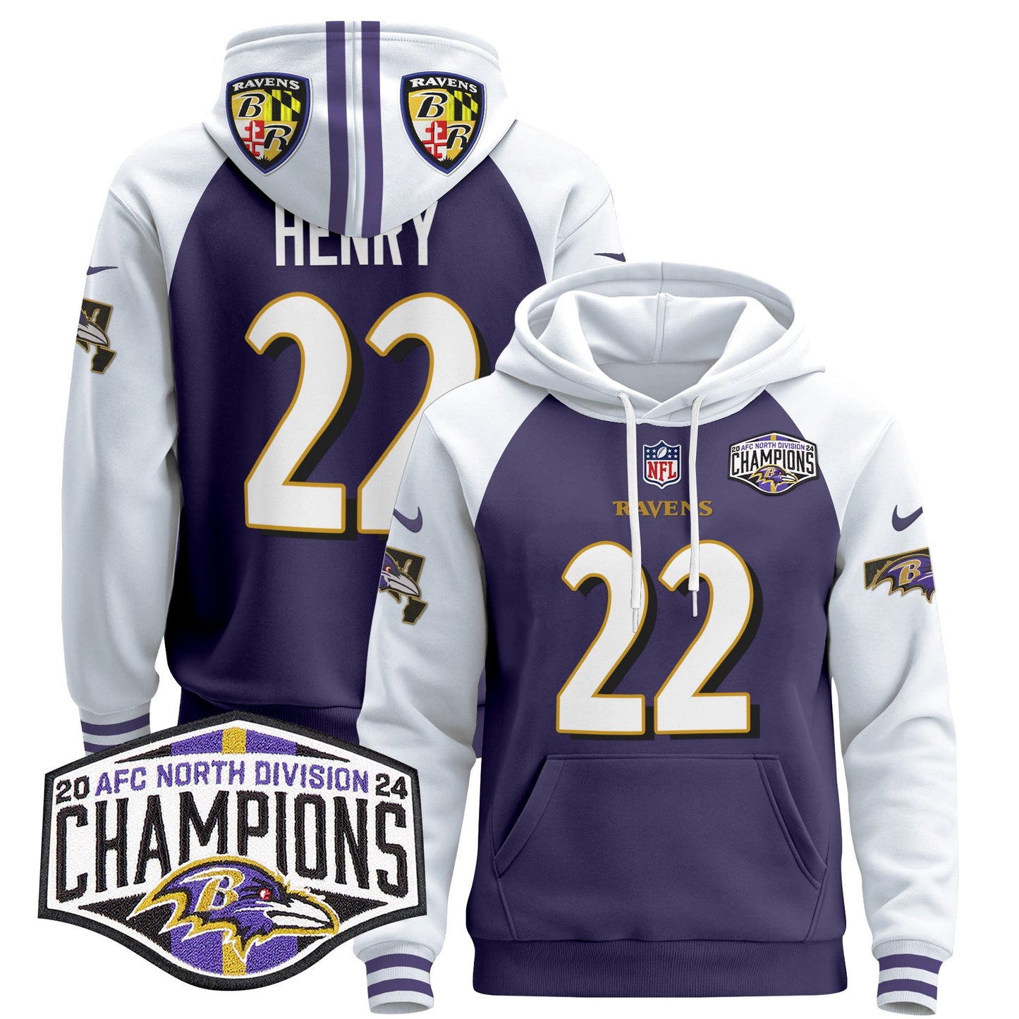 Baltimore Ravens 2024 AFC North Division Champions Patch Pullover Hoodie V2 - All Stitched