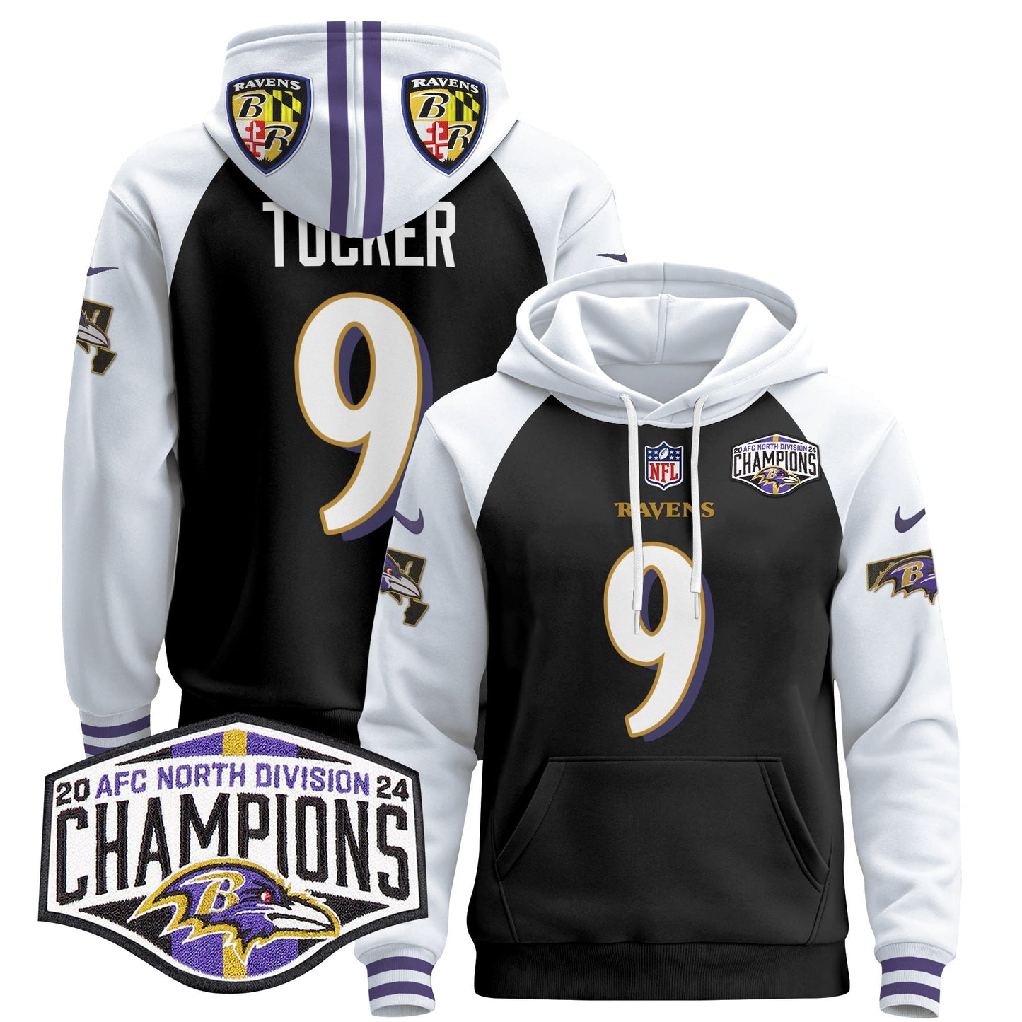 Baltimore Ravens 2024 AFC North Division Champions Patch Pullover Hoodie V2 - All Stitched