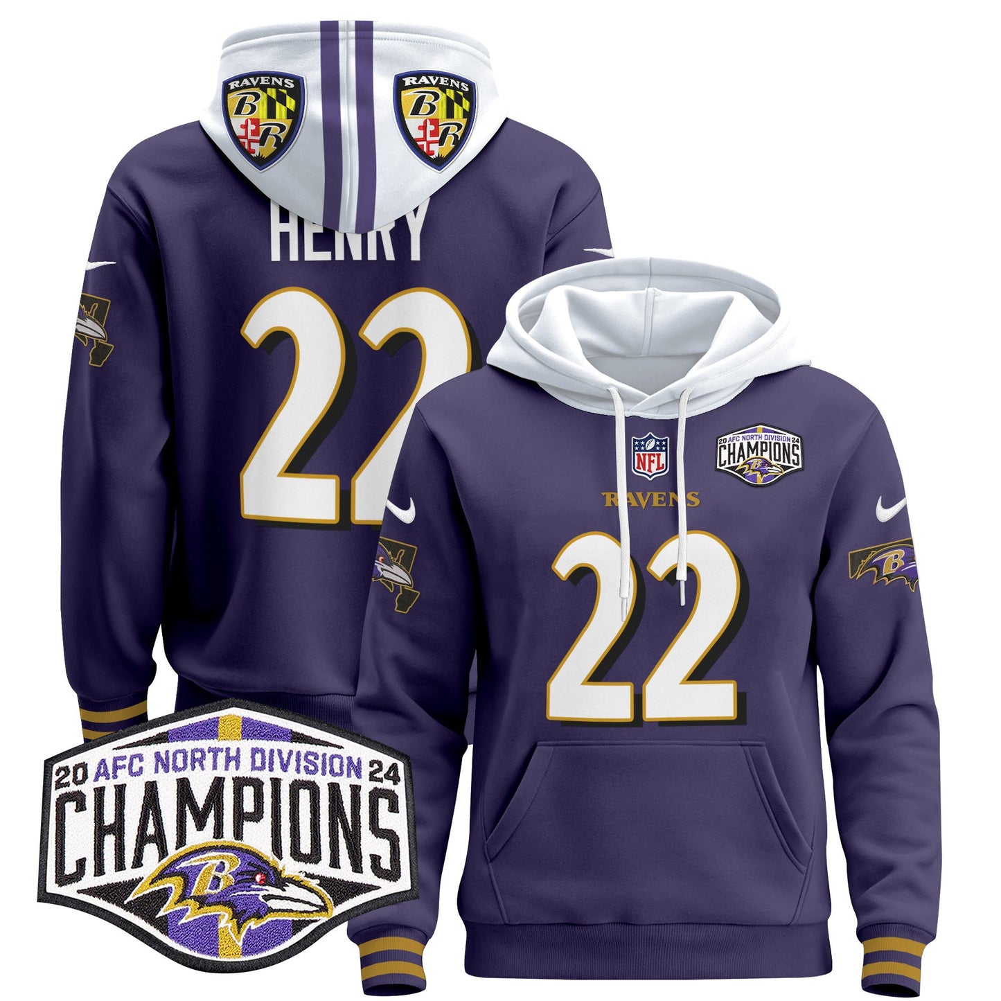 Baltimore Ravens 2024 AFC North Division Champions Patch Pullover Hoodie V2 - All Stitched