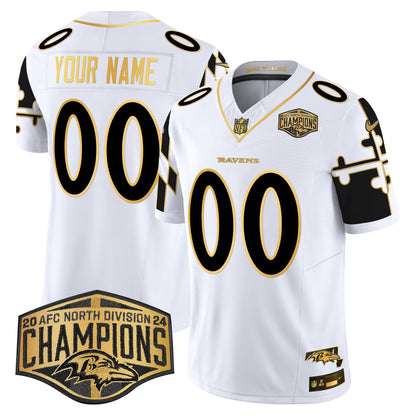 Ravens Maryland Flag Map 2024 AFC North Division Champions Patch Gold Vapor Limited Custom Jersey - All Stitched