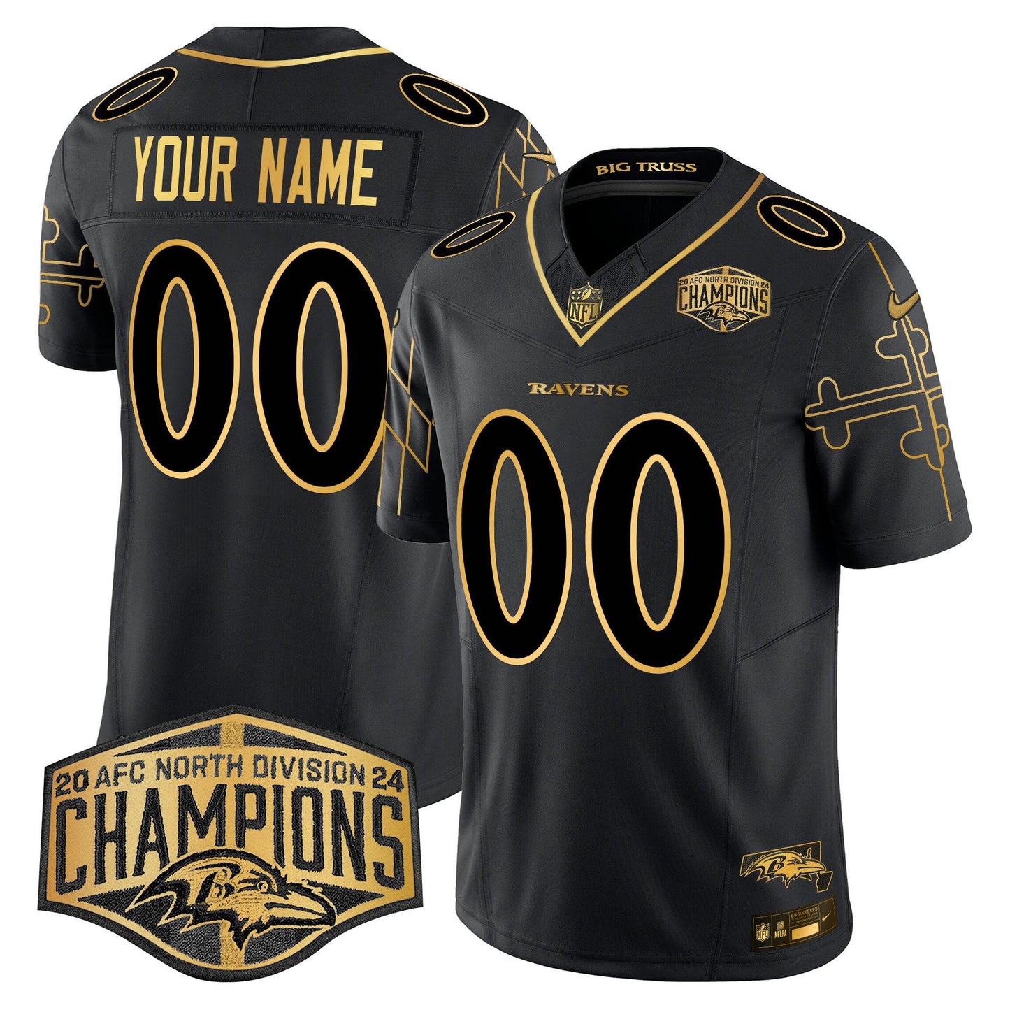 Ravens Maryland Flag Map 2024 AFC North Division Champions Patch Gold Vapor Limited Custom Jersey - All Stitched