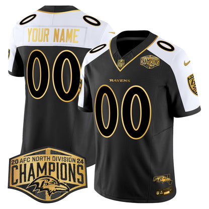 Ravens Maryland Flag Map 2024 AFC North Division Champions Patch Gold Vapor Limited Custom Jersey - All Stitched