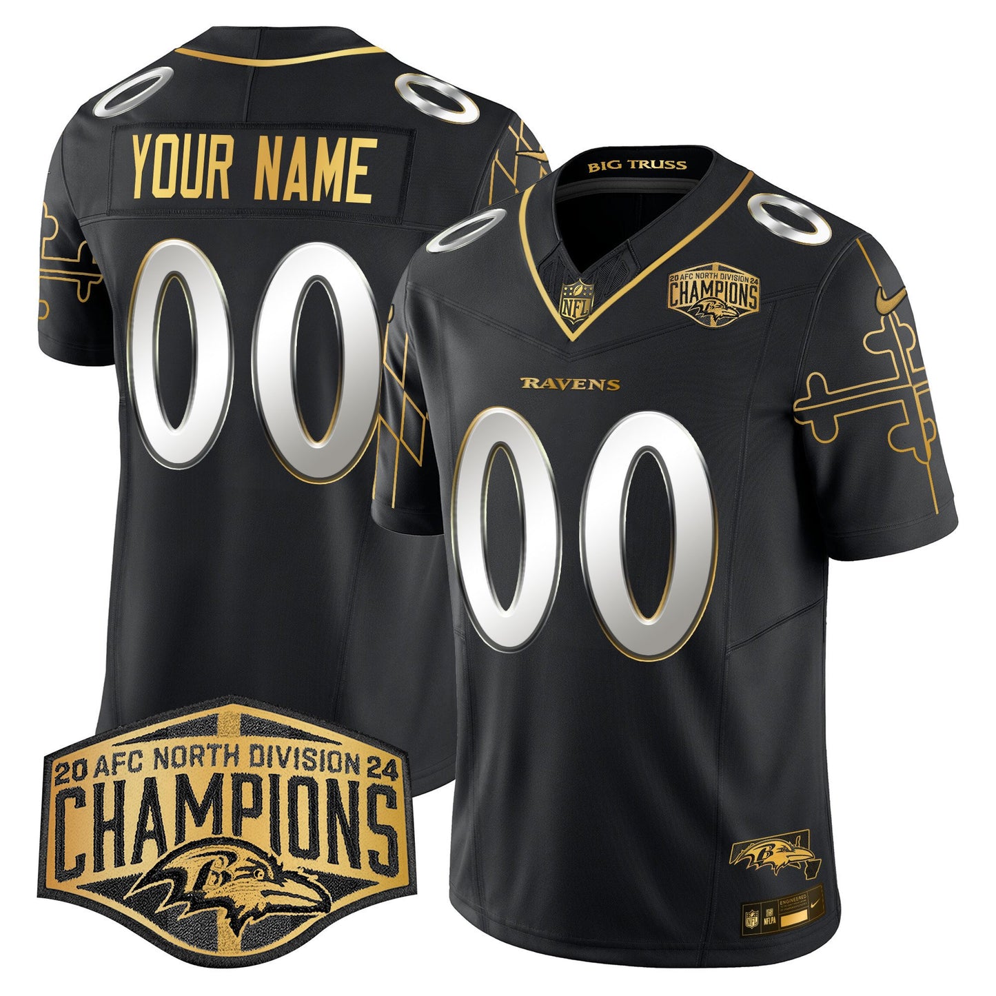 Ravens Maryland Flag Map 2024 AFC North Division Champions Patch Gold Vapor Limited Custom Jersey - All Stitched