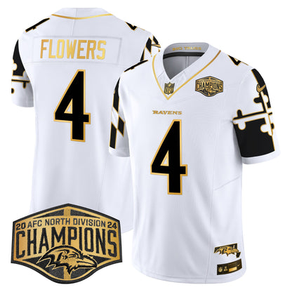 Ravens Maryland Flag Map 2024 AFC North Division Champions Patch Gold Vapor Limited Jersey - All Stitched