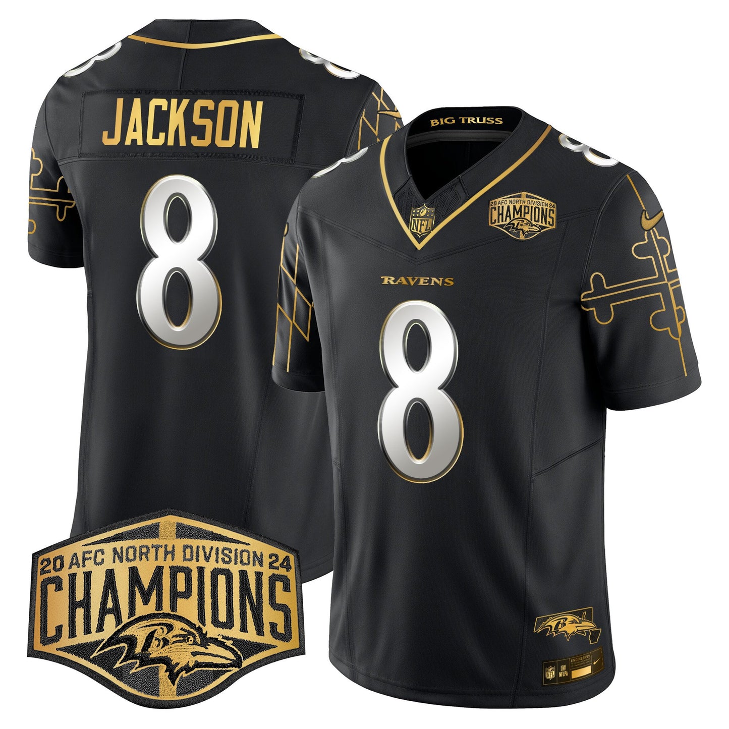 Ravens Maryland Flag Map 2024 AFC North Division Champions Patch Gold Vapor Limited Jersey - All Stitched