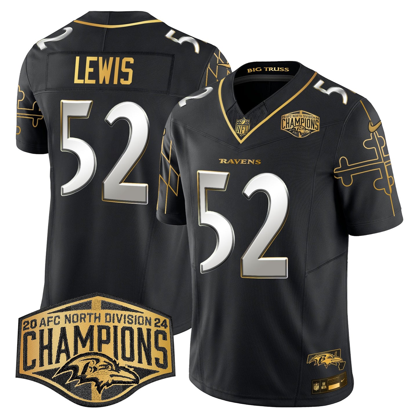 Ravens Maryland Flag Map 2024 AFC North Division Champions Patch Gold Vapor Limited Jersey - All Stitched