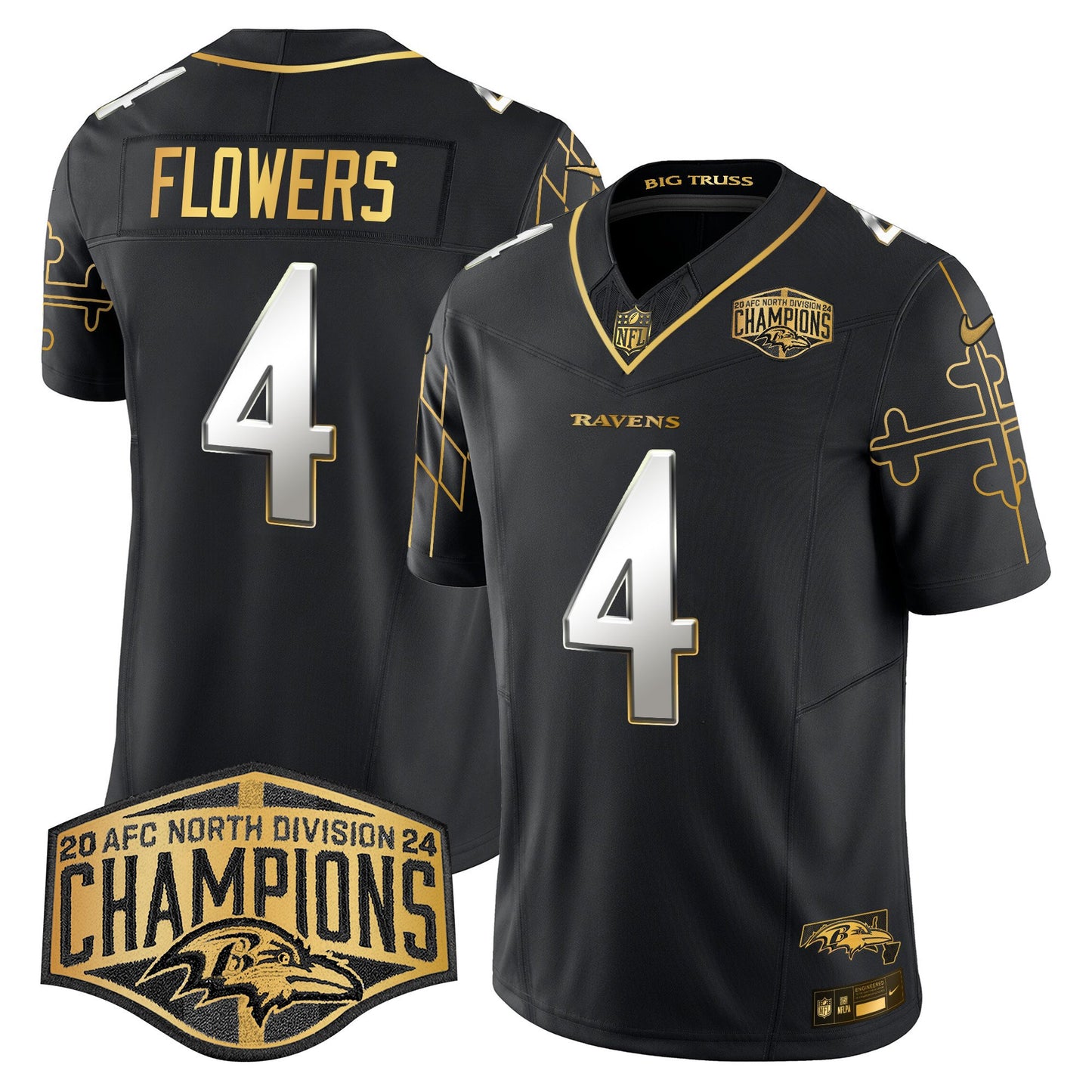 Ravens Maryland Flag Map 2024 AFC North Division Champions Patch Gold Vapor Limited Jersey - All Stitched