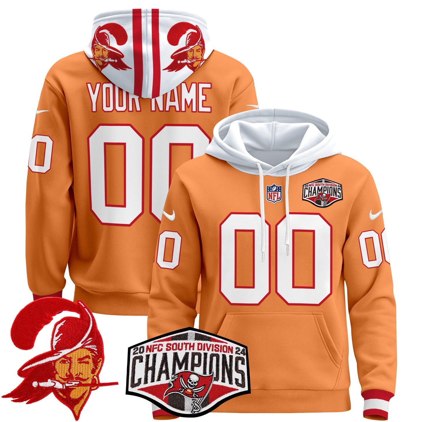 Tampa Bay Buccaneers Creamsicle 2024 NFC South Division Champions Patch Custom Pullover Hoodie - All Stitched