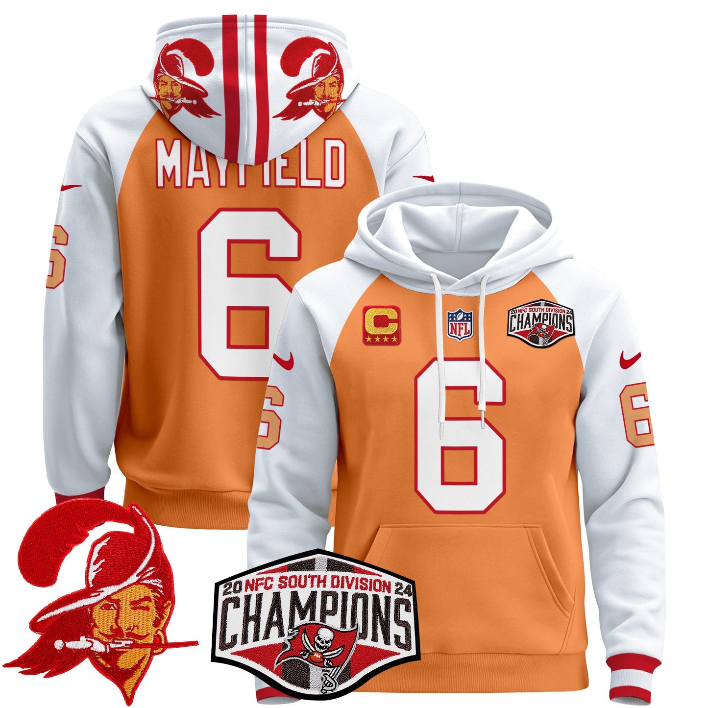 Tampa Bay Buccaneers Creamsicle 2024 NFC South Division Champions Patch Pullover Hoodie - All Stitched