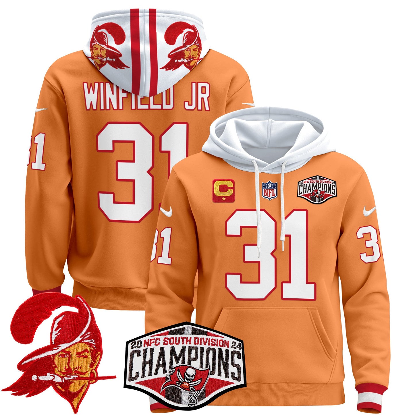 Tampa Bay Buccaneers Creamsicle 2024 NFC South Division Champions Patch Pullover Hoodie - All Stitched