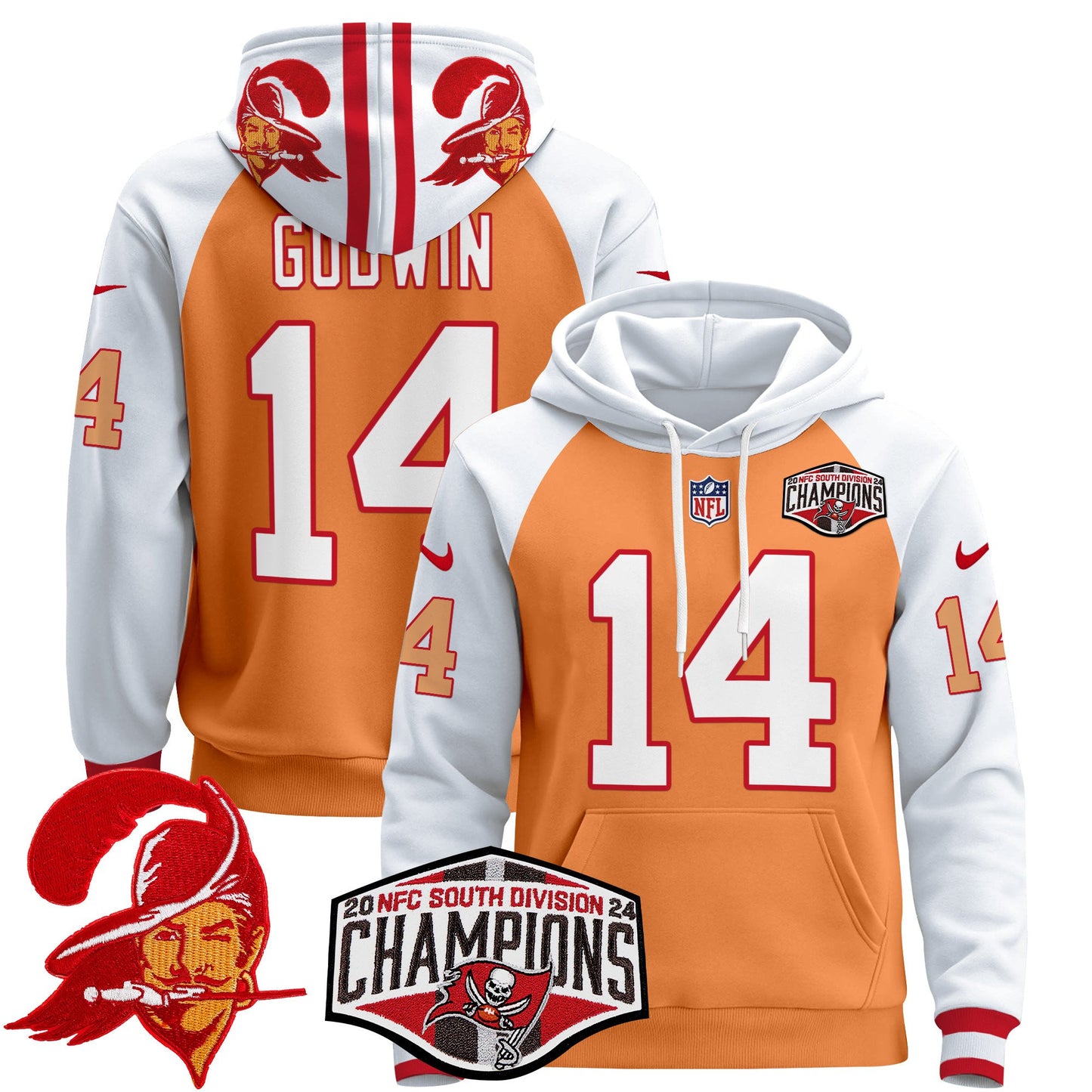 Tampa Bay Buccaneers Creamsicle 2024 NFC South Division Champions Patch Pullover Hoodie - All Stitched