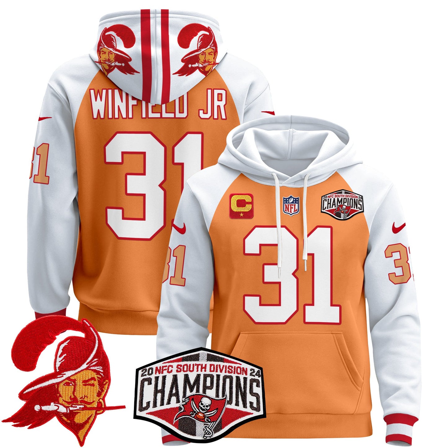 Tampa Bay Buccaneers Creamsicle 2024 NFC South Division Champions Patch Pullover Hoodie - All Stitched