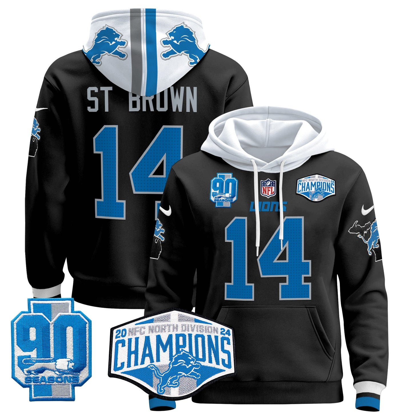 Detroit Lions 2024 NFC North Division Champions Patch Pullover Hoodie - All Stitched