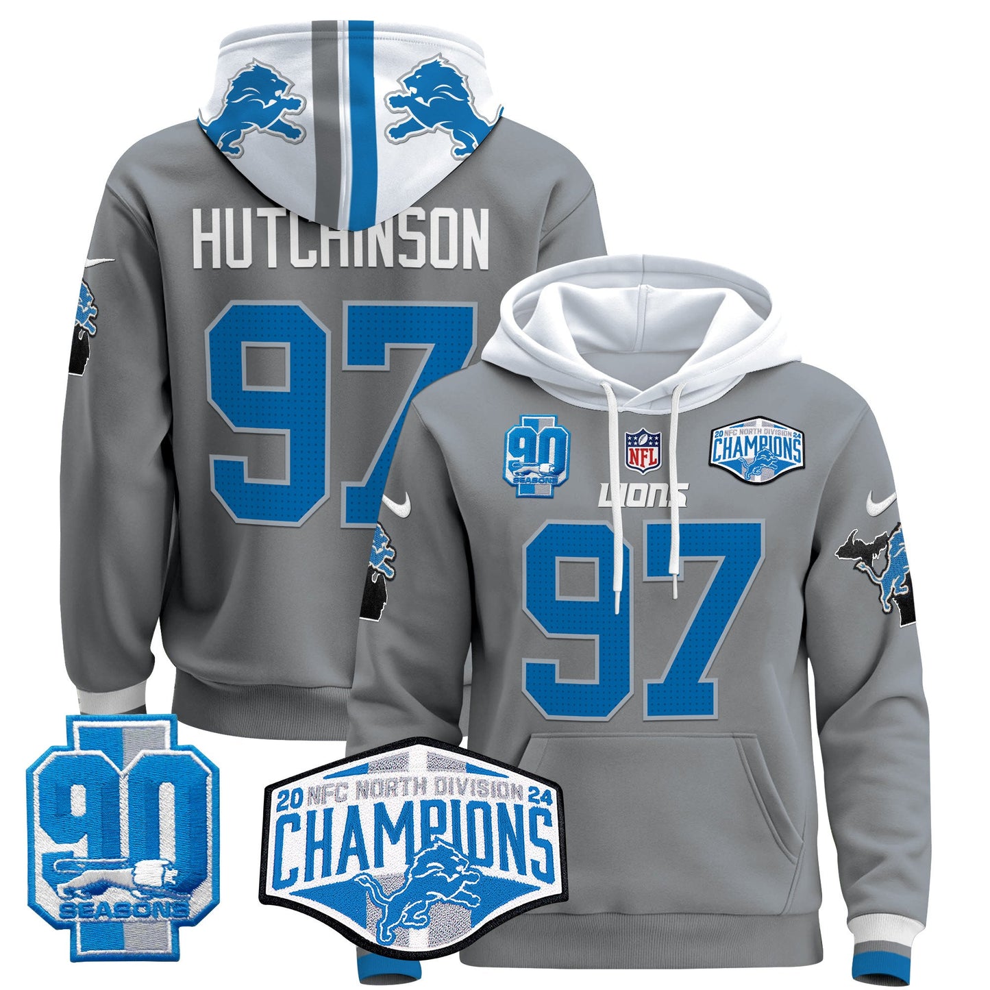 Detroit Lions 2024 NFC North Division Champions Patch Pullover Hoodie - All Stitched