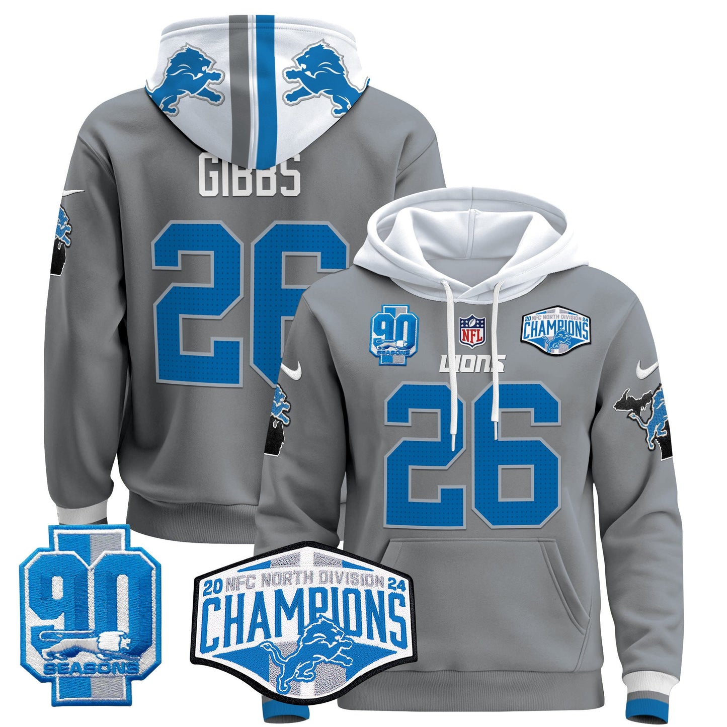 Detroit Lions 2024 NFC North Division Champions Patch Pullover Hoodie - All Stitched