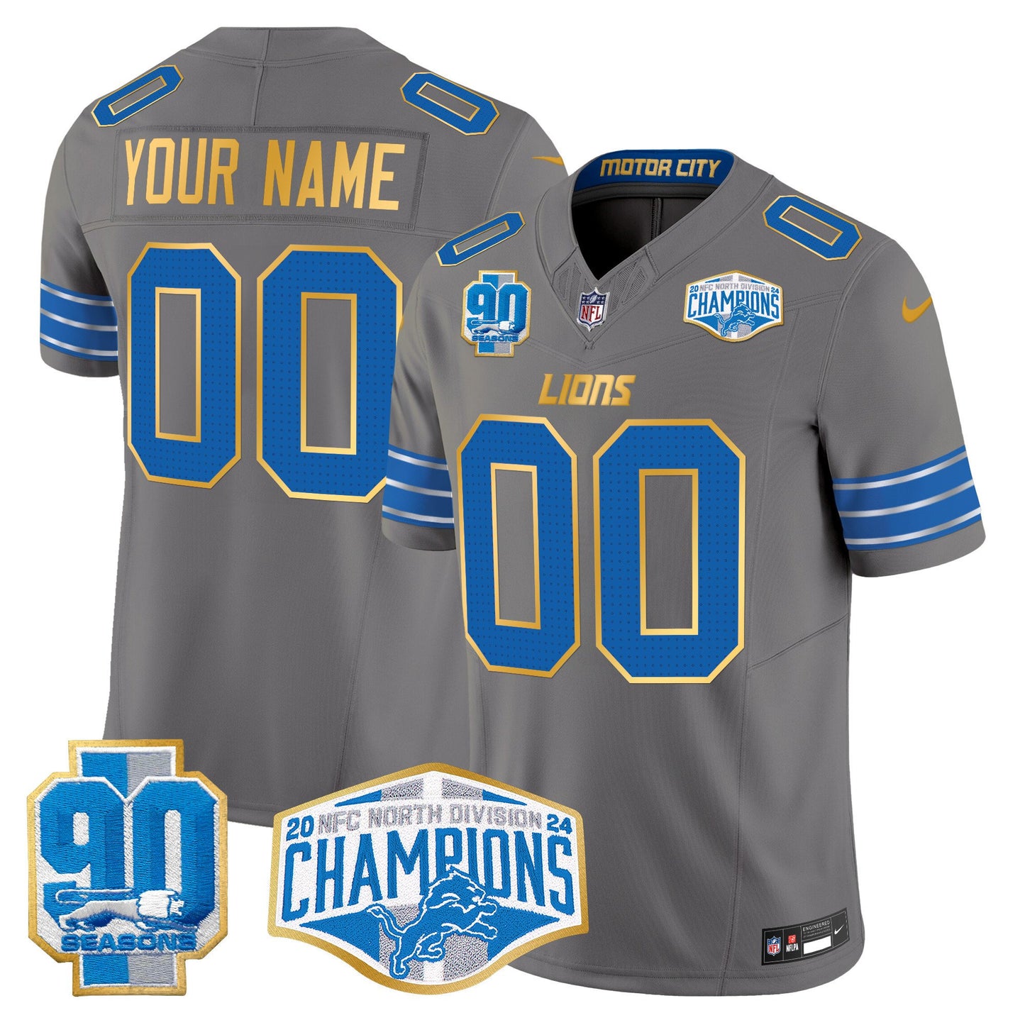 Detroit Lions 2024 NFC North Division Champions Patch Gold Trim Vapor Limited Custom Jersey - All Stitched