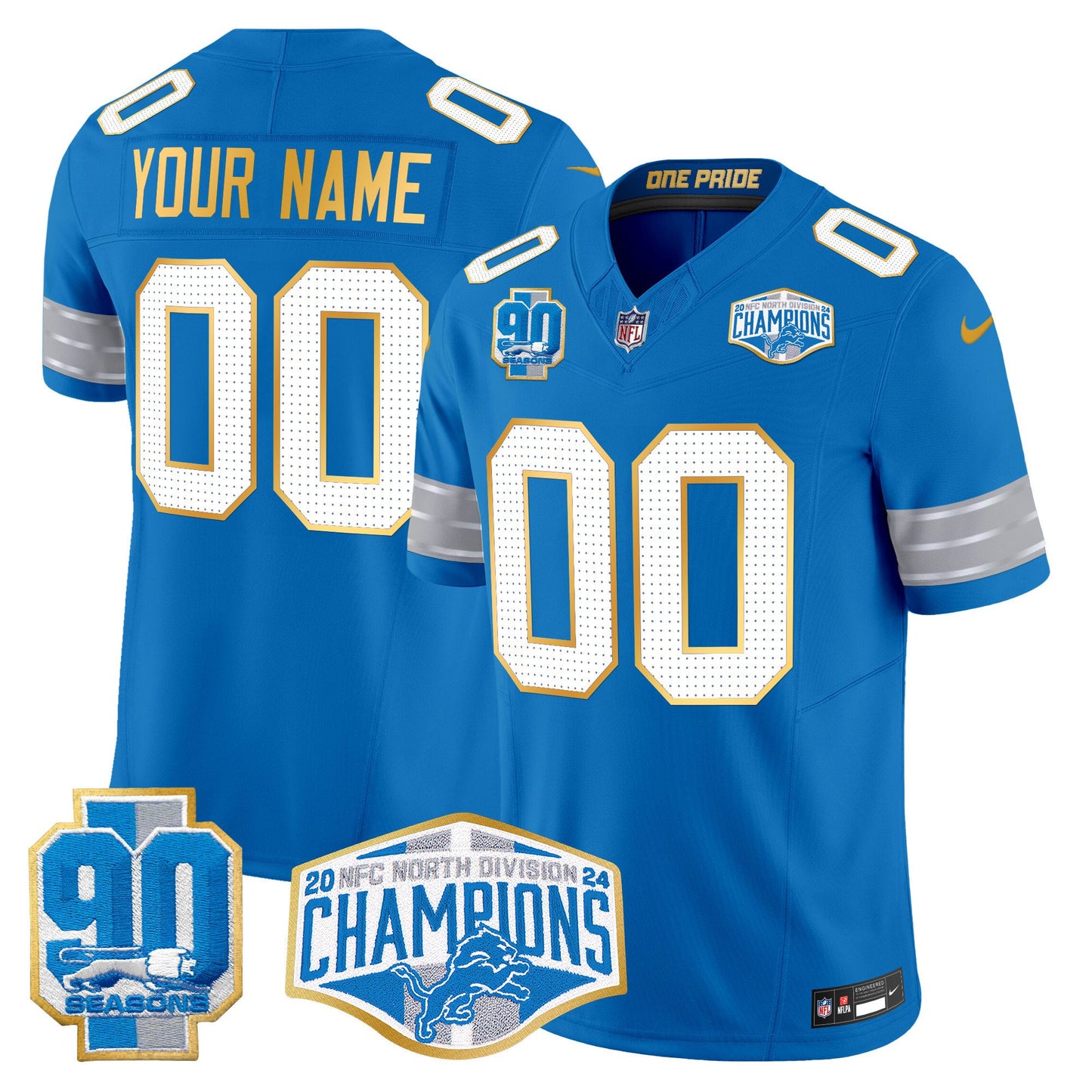 Detroit Lions 2024 NFC North Division Champions Patch Gold Trim Vapor Limited Custom Jersey - All Stitched