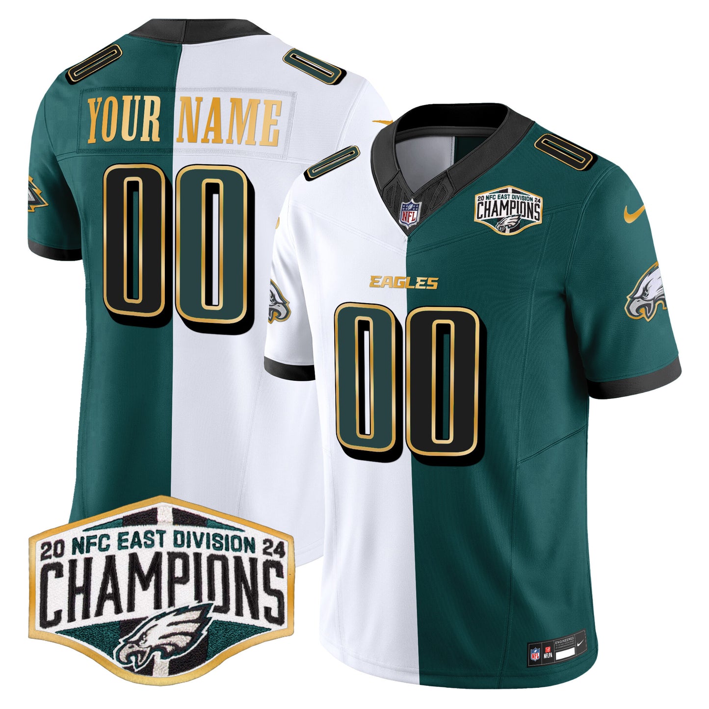 Eagles 2024 NFC East Division Champions Gold Trim Vapor Limited Custom Jersey - All Stitched