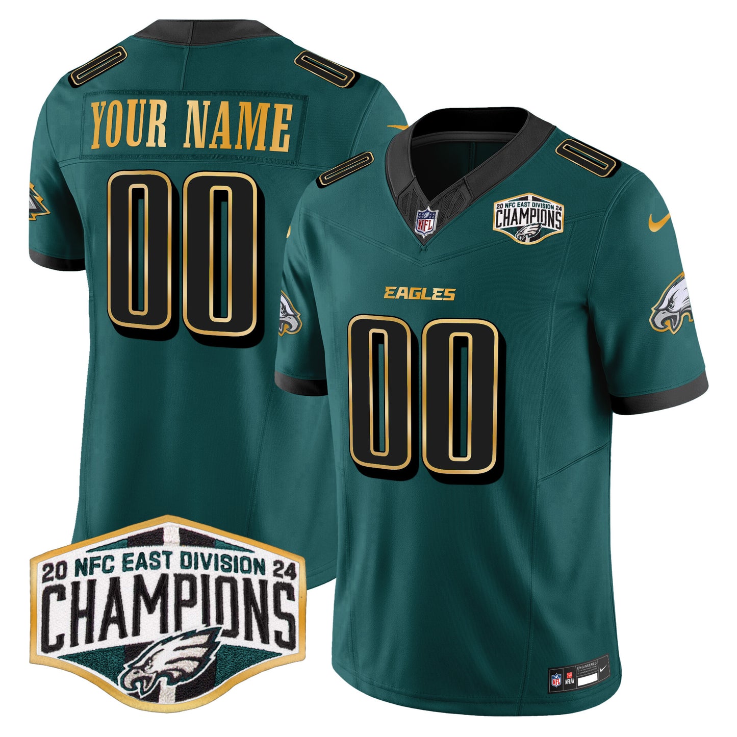 Eagles 2024 NFC East Division Champions Gold Trim Vapor Limited Custom Jersey - All Stitched