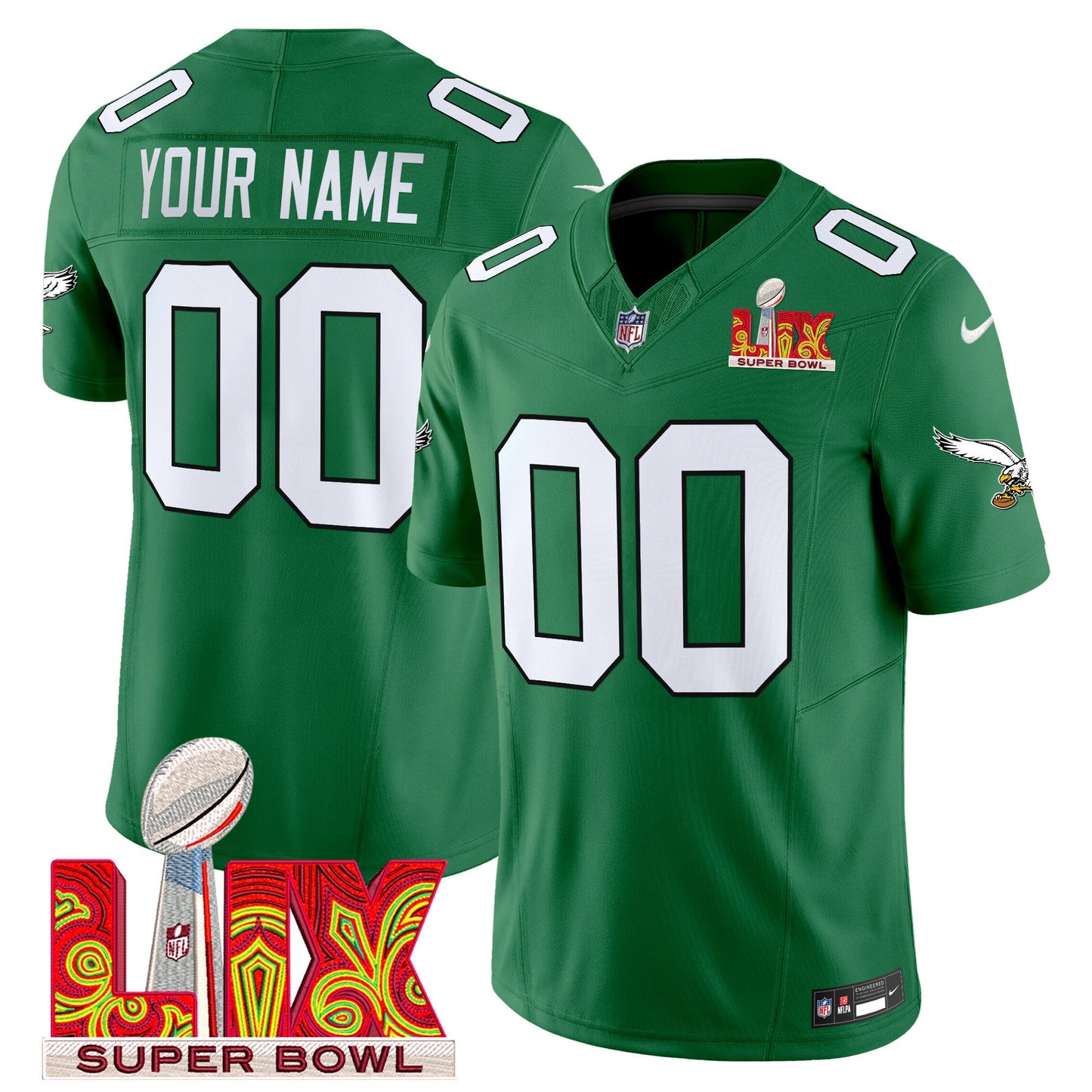 Philadelphia Eagles Kelly Green Super Bowl LIX Patch Vapor Limited Custom Jersey - All Stitched