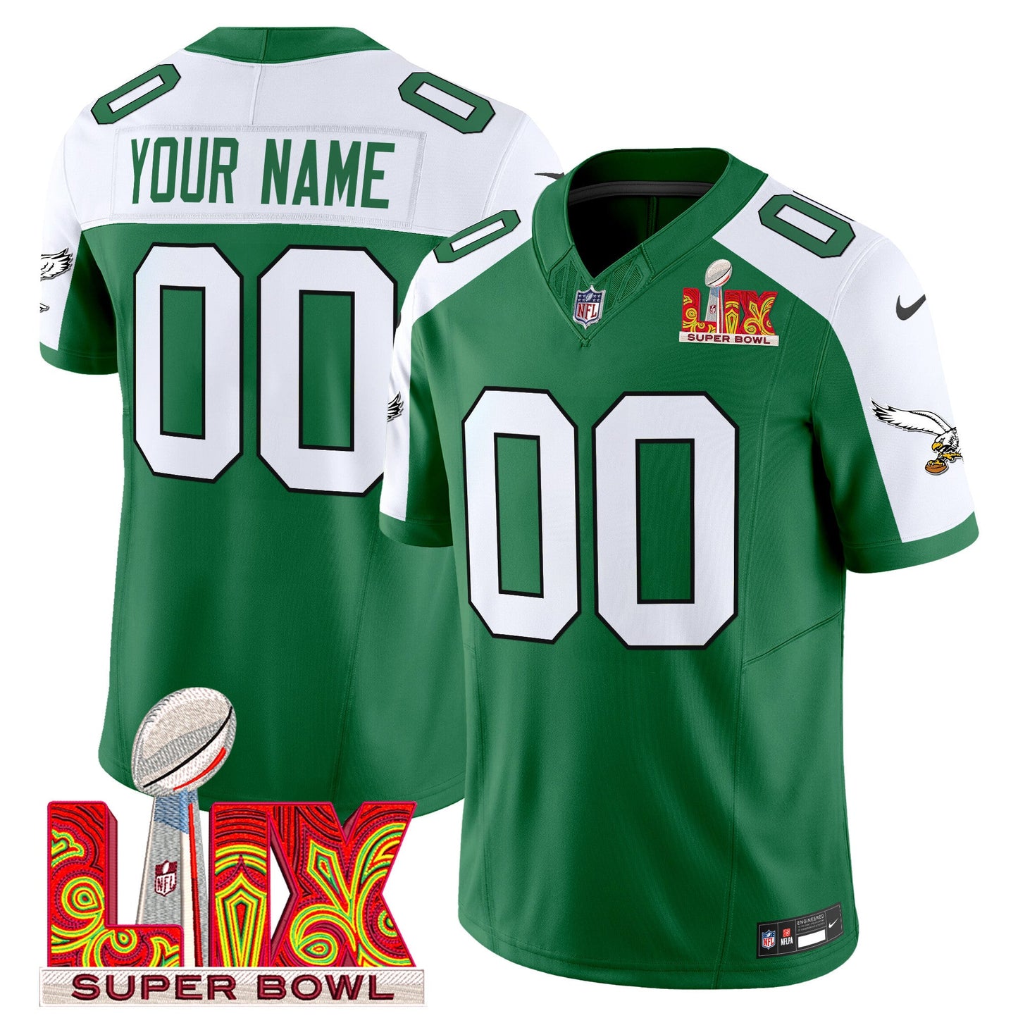 Philadelphia Eagles Kelly Green Super Bowl LIX Patch Vapor Limited Custom Jersey - All Stitched