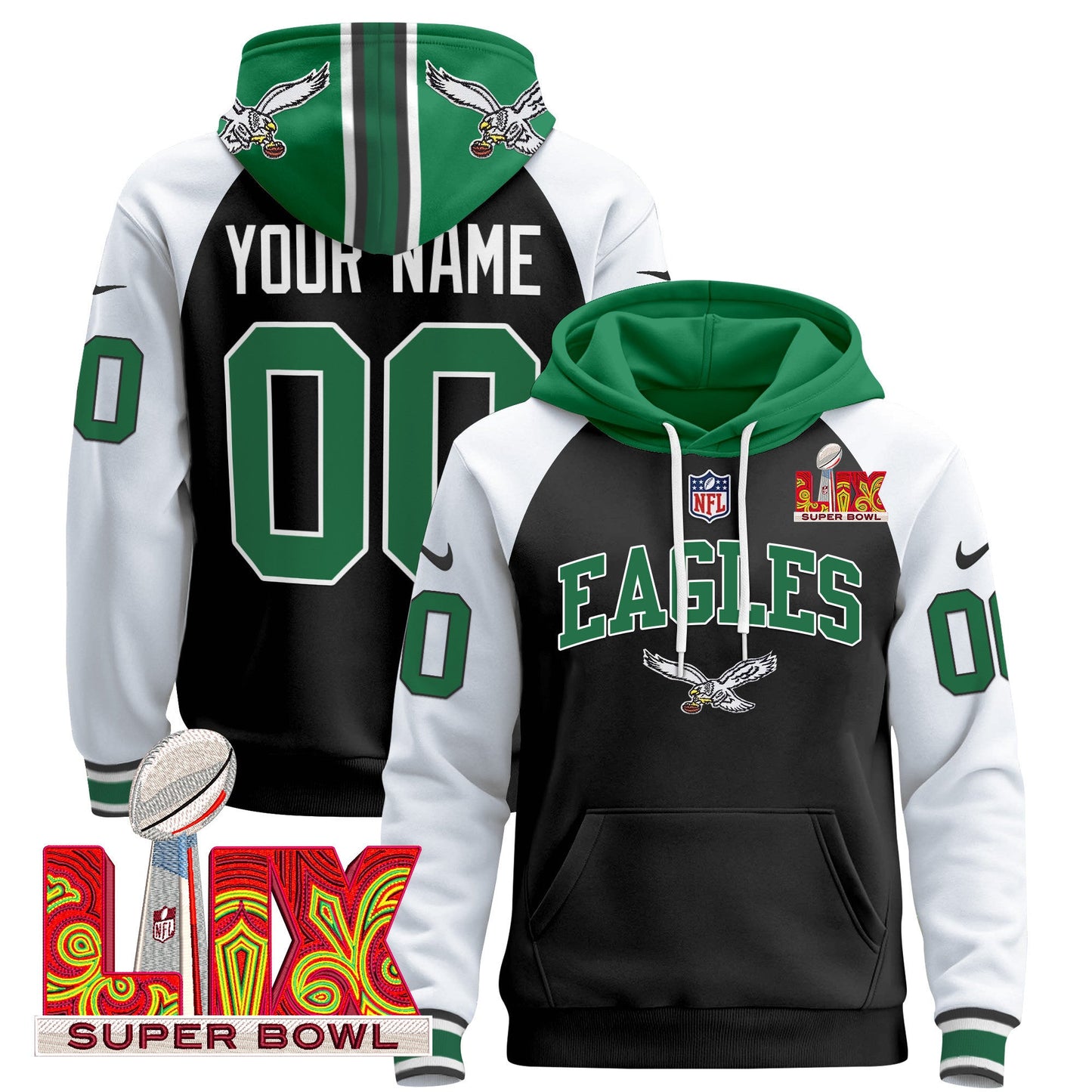 Philadelphia Eagles Super Bowl LIX Patch Custom Pullover Hoodie - All Stitched