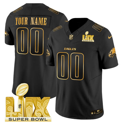 Philadelphia Eagles Super Bowl LIX Patch Gold Vapor Limited Custom Jersey - All Stitched