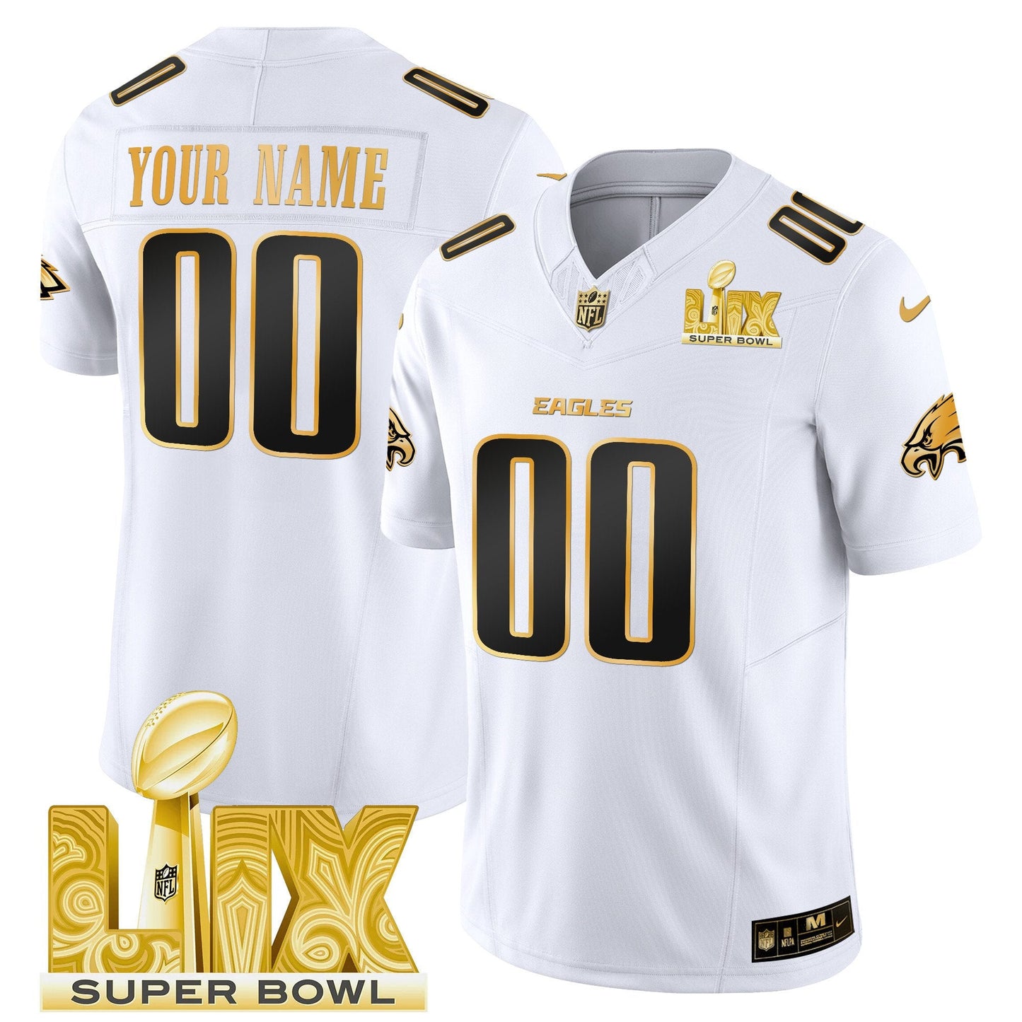 Philadelphia Eagles Super Bowl LIX Patch Gold Vapor Limited Custom Jersey - All Stitched