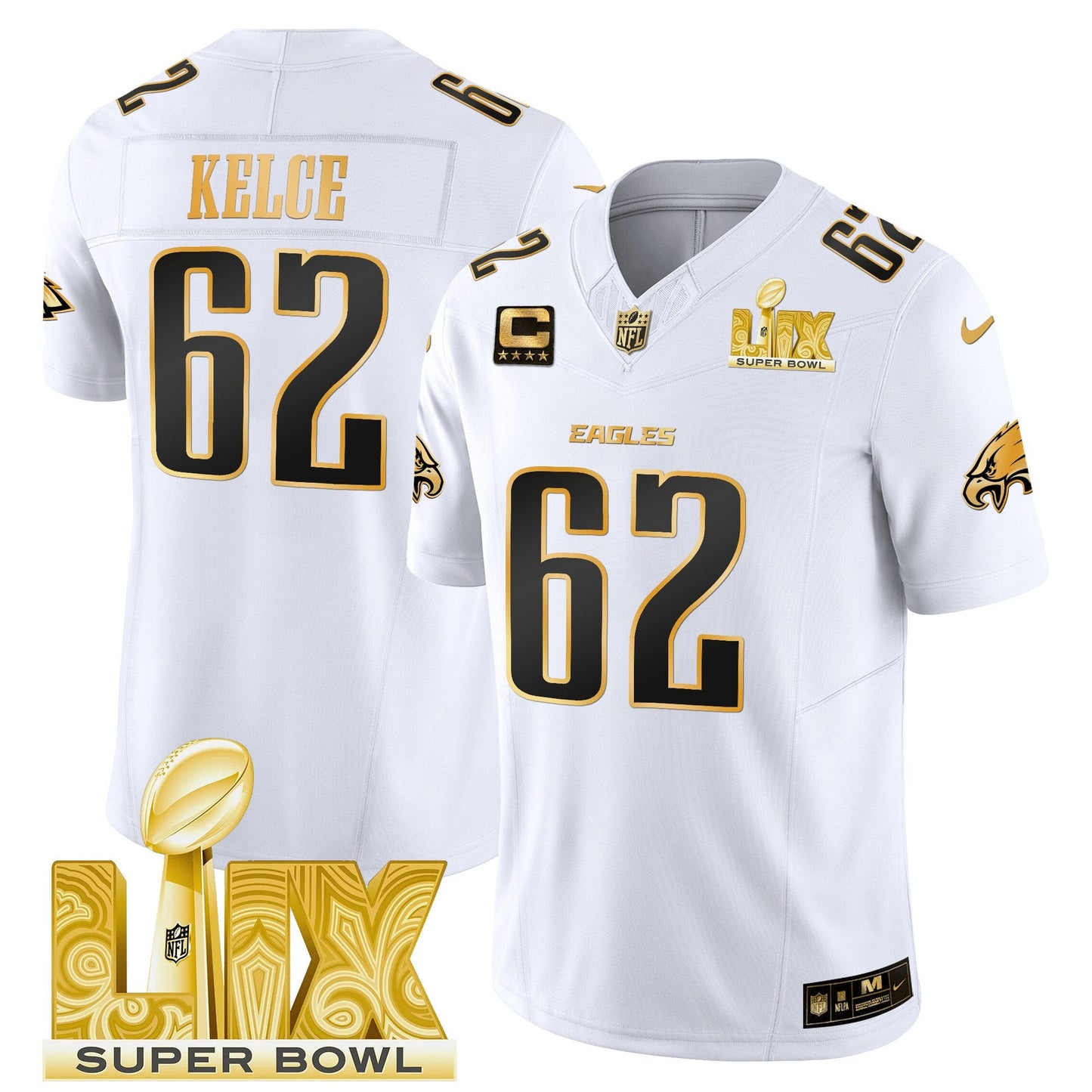 Philadelphia Eagles Super Bowl LIX Patch Gold Vapor Limited Jersey - All Stitched