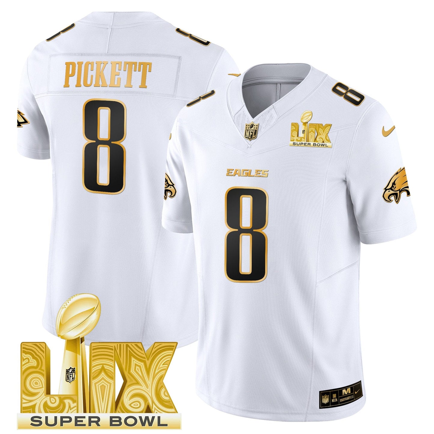 Philadelphia Eagles Super Bowl LIX Patch Gold Vapor Limited Jersey - All Stitched