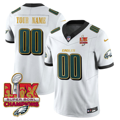 Custom Name/Gender Philadelphia Eagles Super Bowl LIX Champions Gold Trim Vapor Limited Jersey - All Stitched