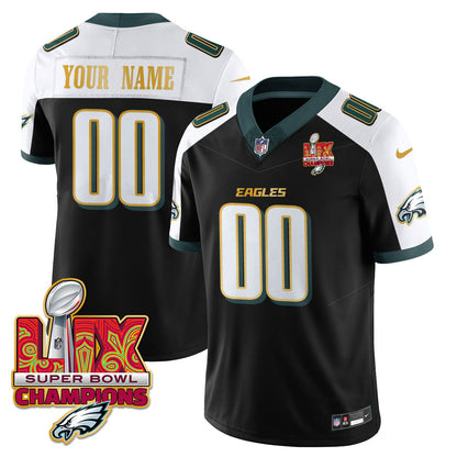 Custom Name/Gender Philadelphia Eagles Super Bowl LIX Champions Gold Trim Vapor Limited Jersey - All Stitched