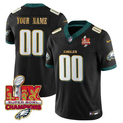 Custom Name/Gender Philadelphia Eagles Super Bowl LIX Champions Gold Trim Vapor Limited Jersey - All Stitched