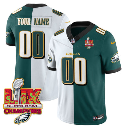 Custom Name/Gender Philadelphia Eagles Super Bowl LIX Champions Gold Trim Vapor Limited Jersey - All Stitched